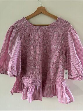 Old Navy Pink Striped Smocked Peplum Blouse